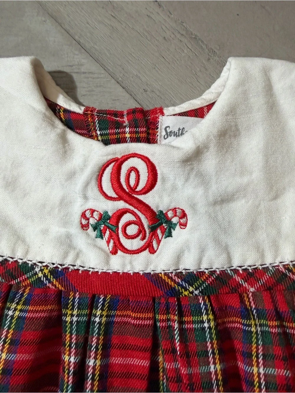 Southern Siblings Tartan Plaid Holiday 3T  White Bib linen Collar embroidered S
